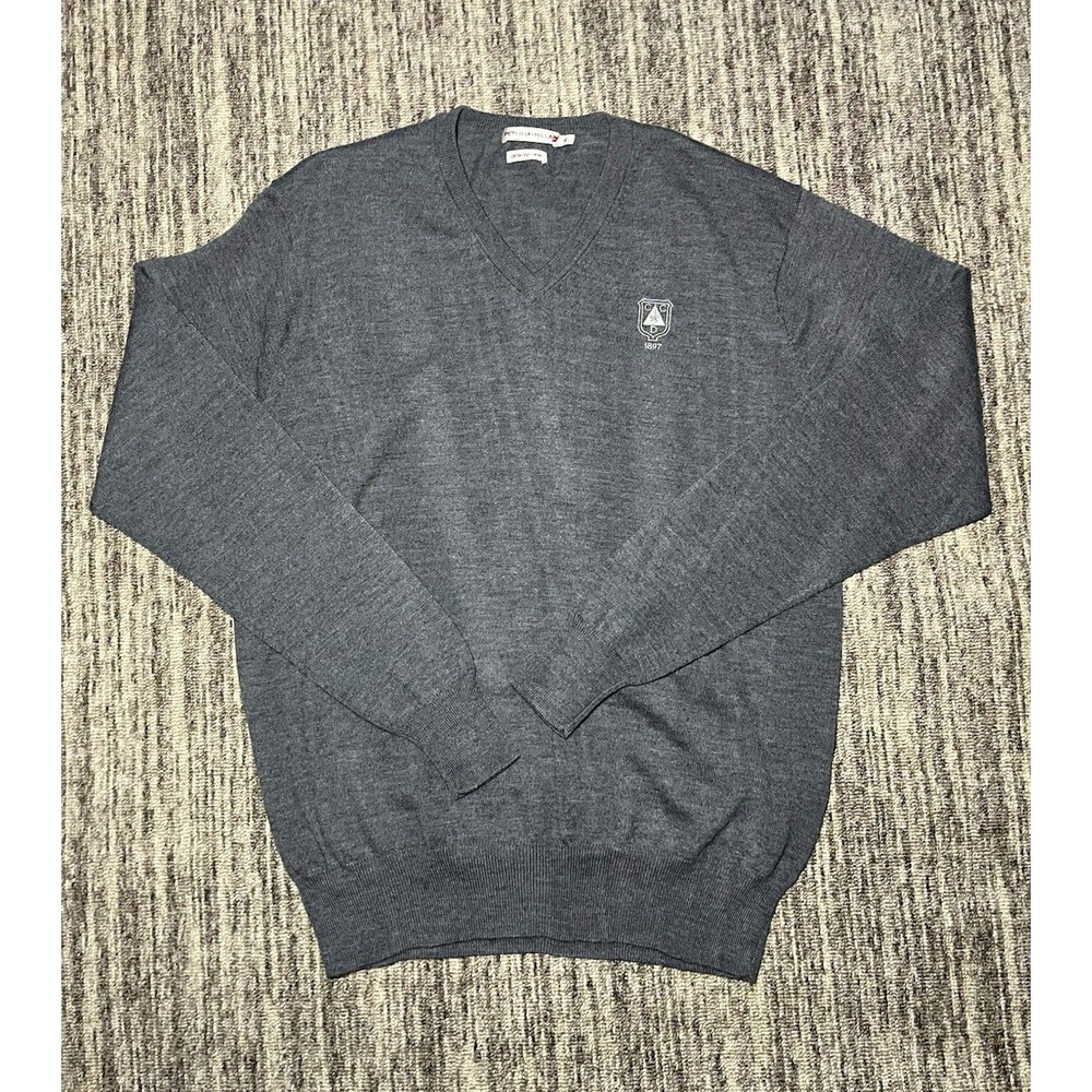 Peter Millar Mens Gray Merino Wool V-Neck Pullover Sweater M Knit Logo
